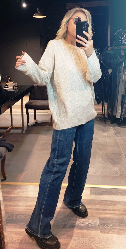 SAÇ ÖRGÜLÜ BEJ KAZAK