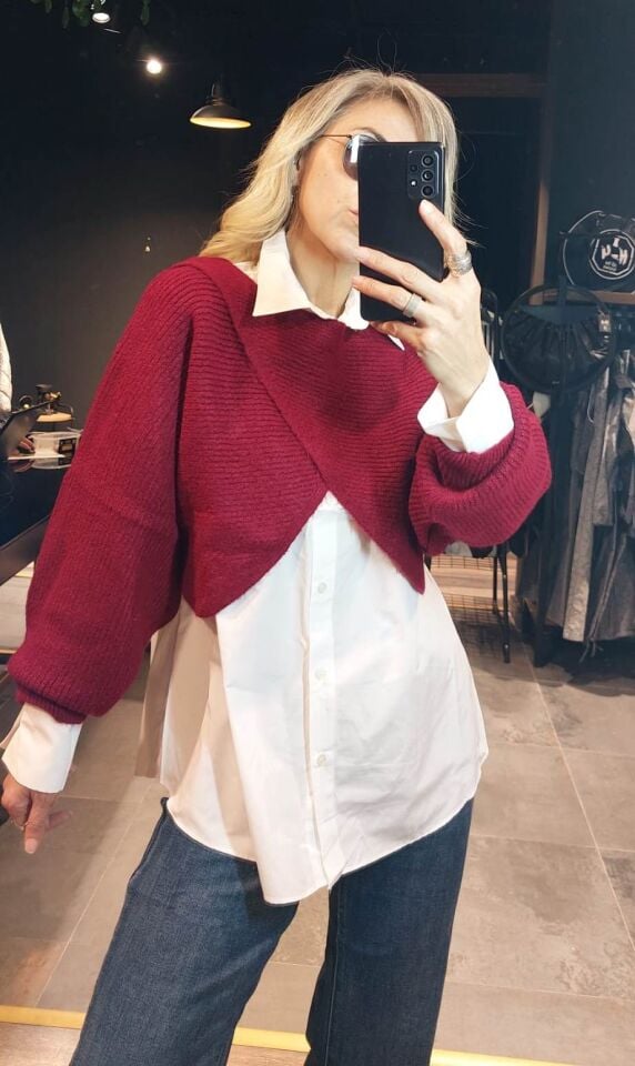 GÖMLEKLİ BORDO KAZAK