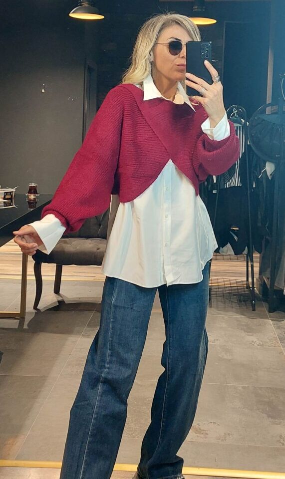 GÖMLEKLİ BORDO KAZAK