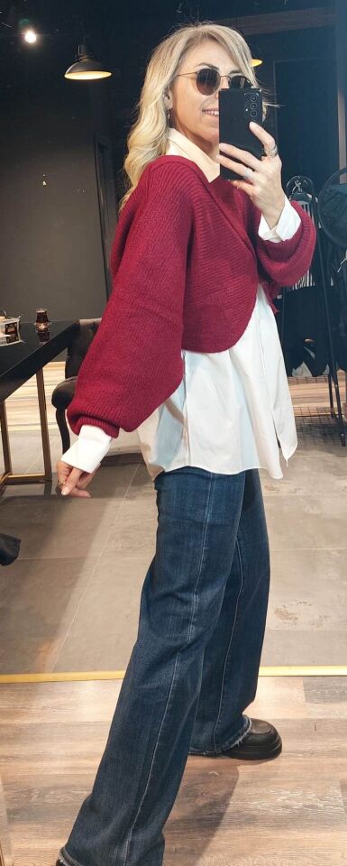 GÖMLEKLİ BORDO KAZAK